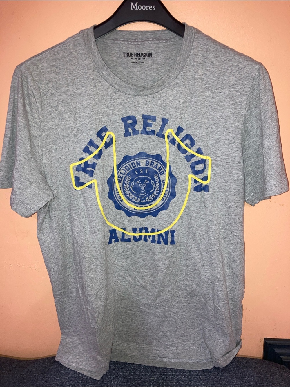 True Religion Gray Tee with Blue Alumni Graphic and Yellow Accent